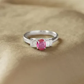 0.69 Carat Oval Natural Ruby Diamond Baguette Ring