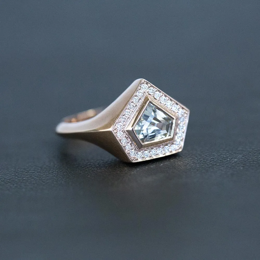 1.19ct Shield White Sapphire and Diamond Halo Signet in 14k Rose Gold