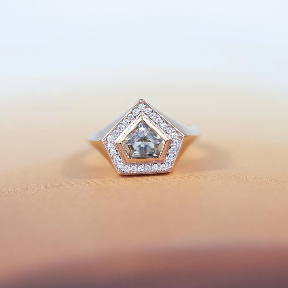 1.19ct Shield White Sapphire and Diamond Halo Signet in 14k Rose Gold