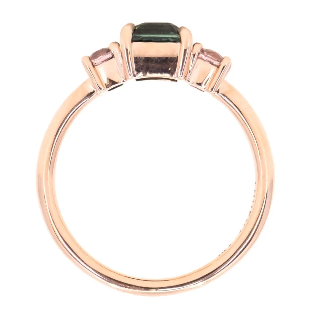 1.31ct Emerald cut sapphire and 0.47ct Pink Spinel Three Stone Ring in 14k Rose Gold