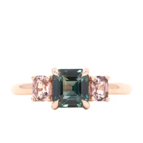 1.31ct Emerald cut sapphire and 0.47ct Pink Spinel Three Stone Ring in 14k Rose Gold