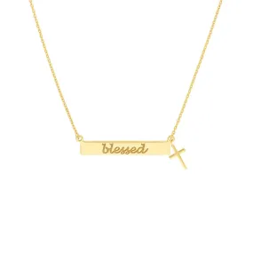 14K Gold Blessed Bar Pendant with Dangling Cross