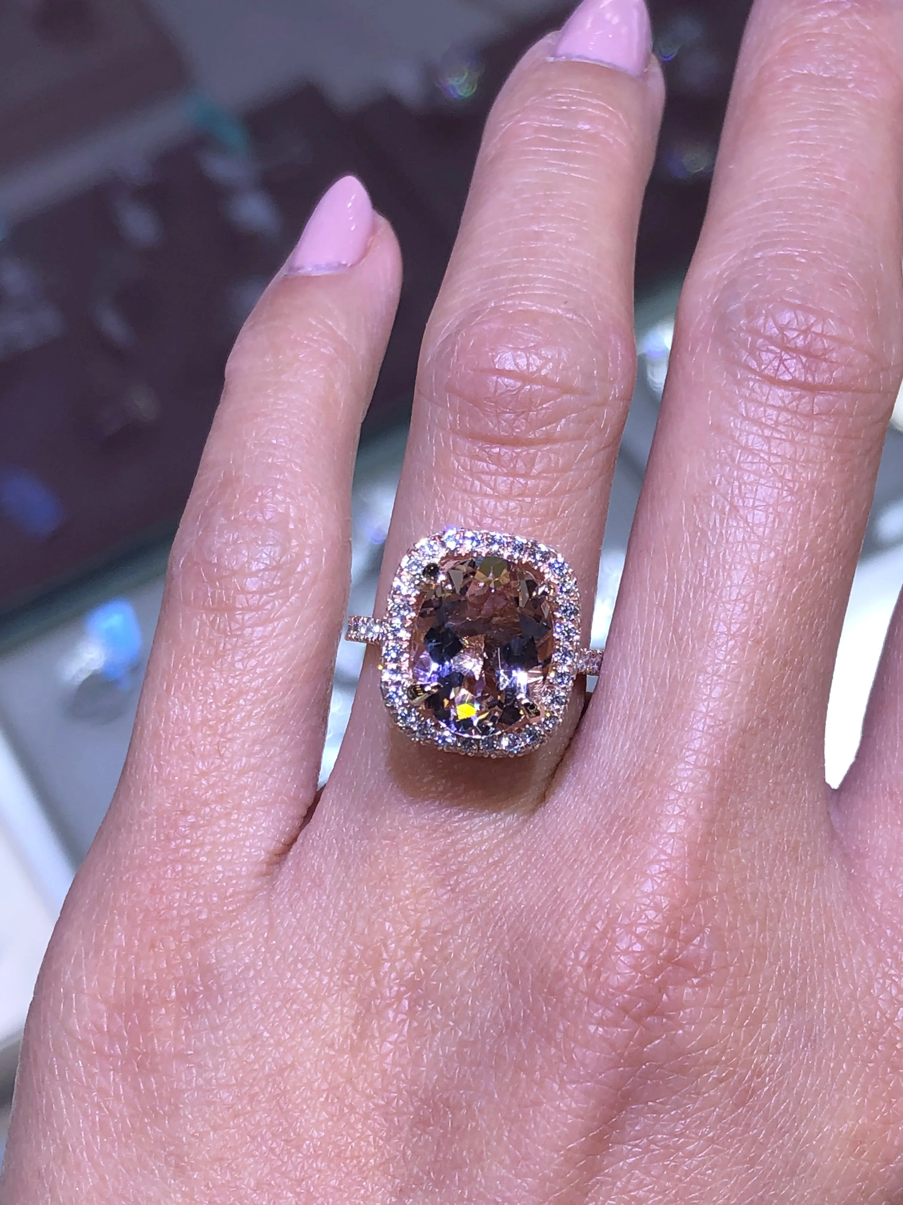 14K Gold Diamond Halo with 3.50 Carat Oval Cut Morganite Engagement Ring