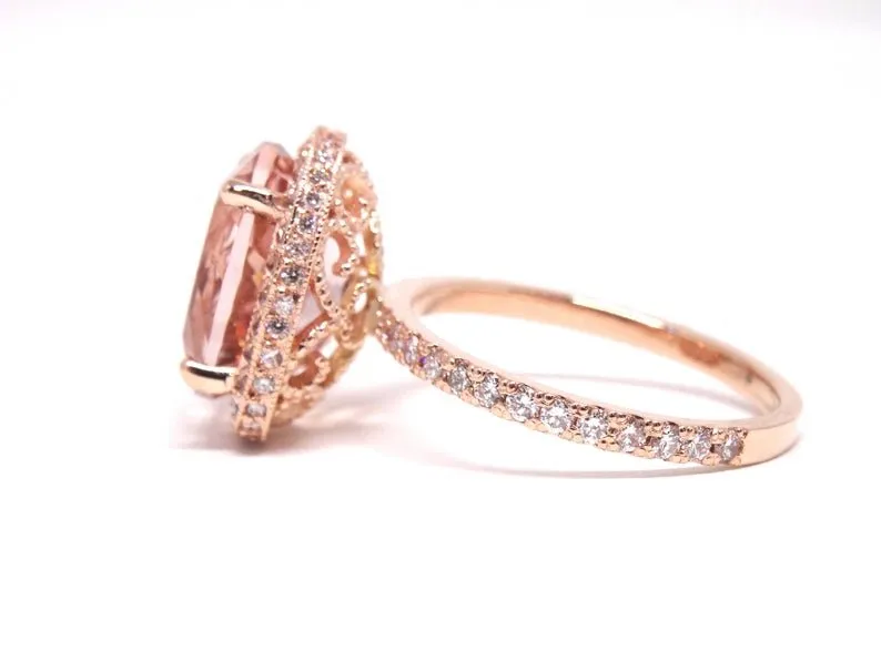 14K Gold Diamond Halo with 3.50 Carat Oval Cut Morganite Engagement Ring