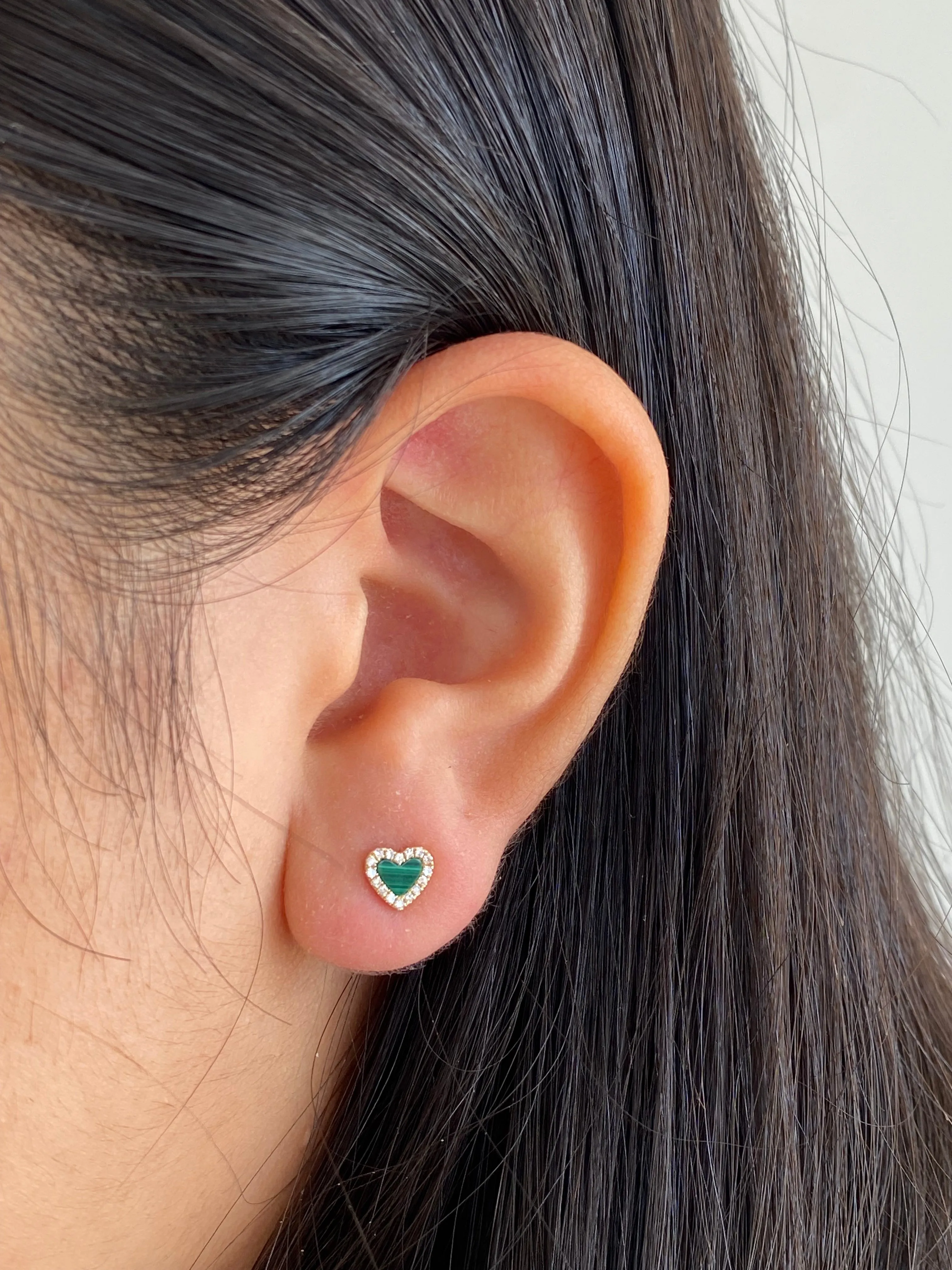 14K Gold Heart Malachite and Diamond Earrings