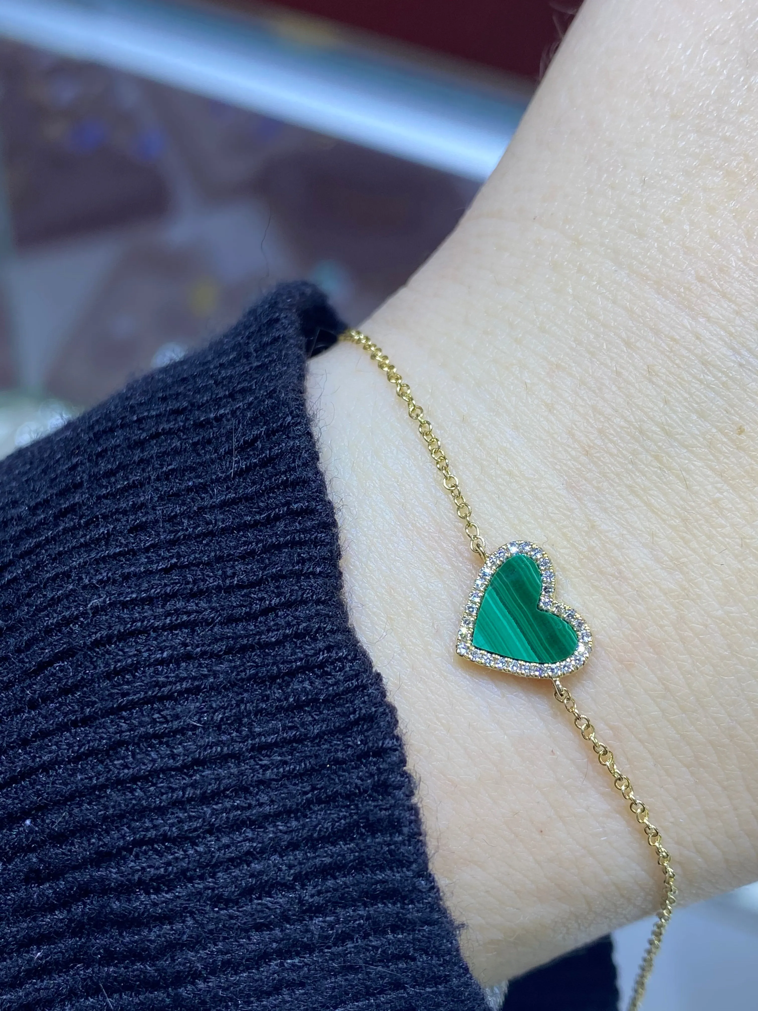 14K Gold Heart Malachite Diamond Bracelet