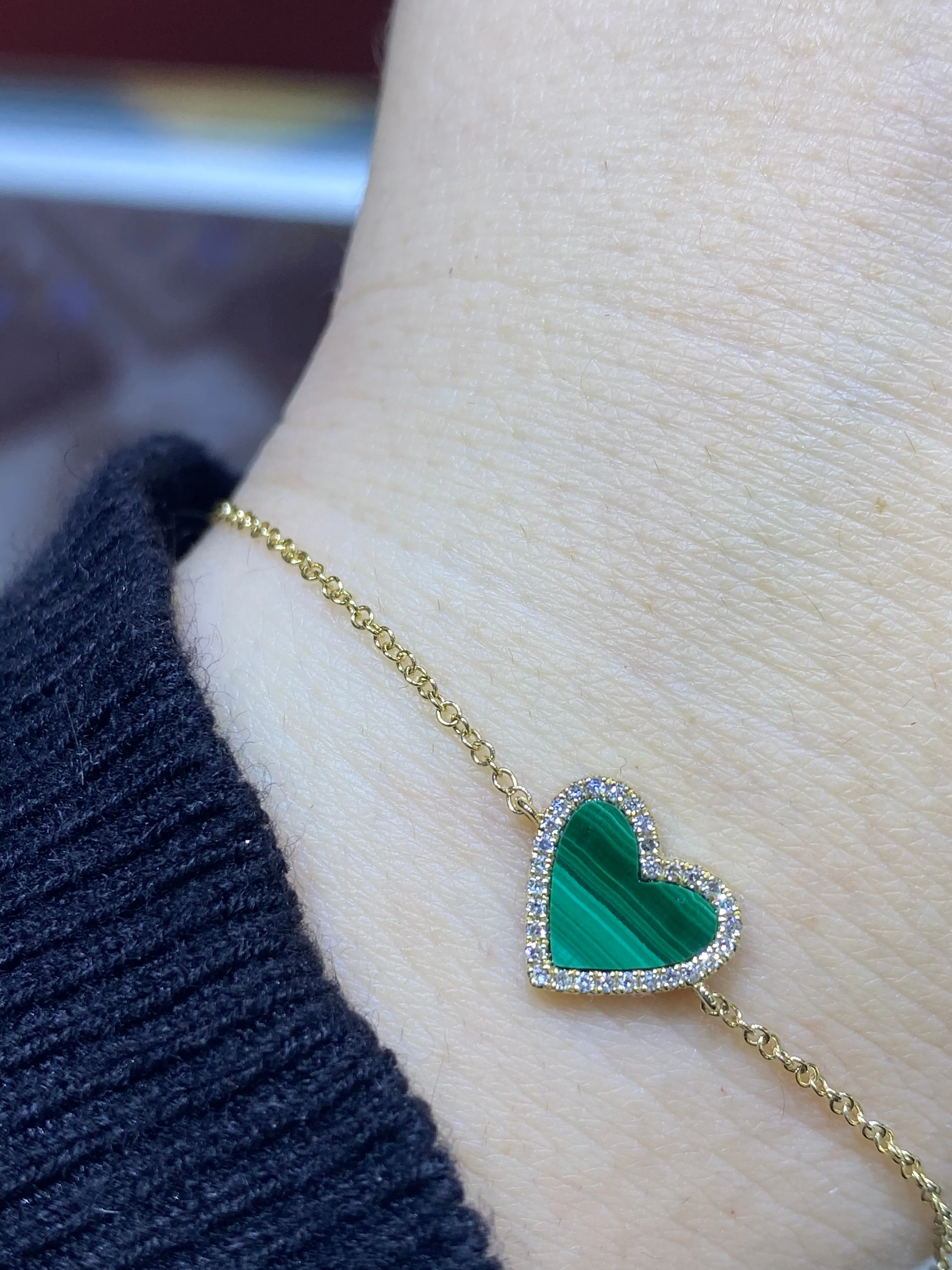 14K Gold Heart Malachite Diamond Bracelet