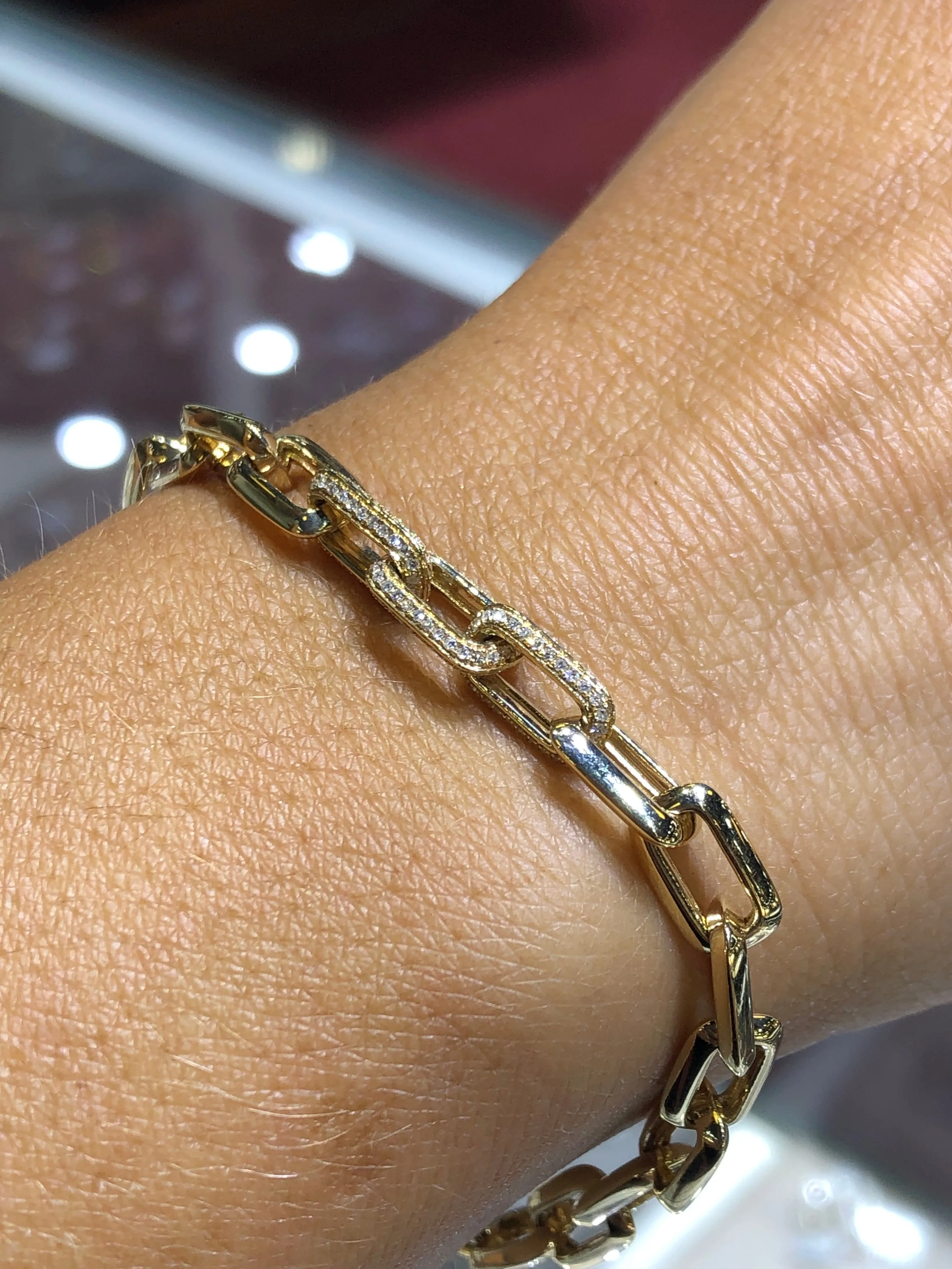 14K Gold Paper Clip Thick Diamond Bracelet