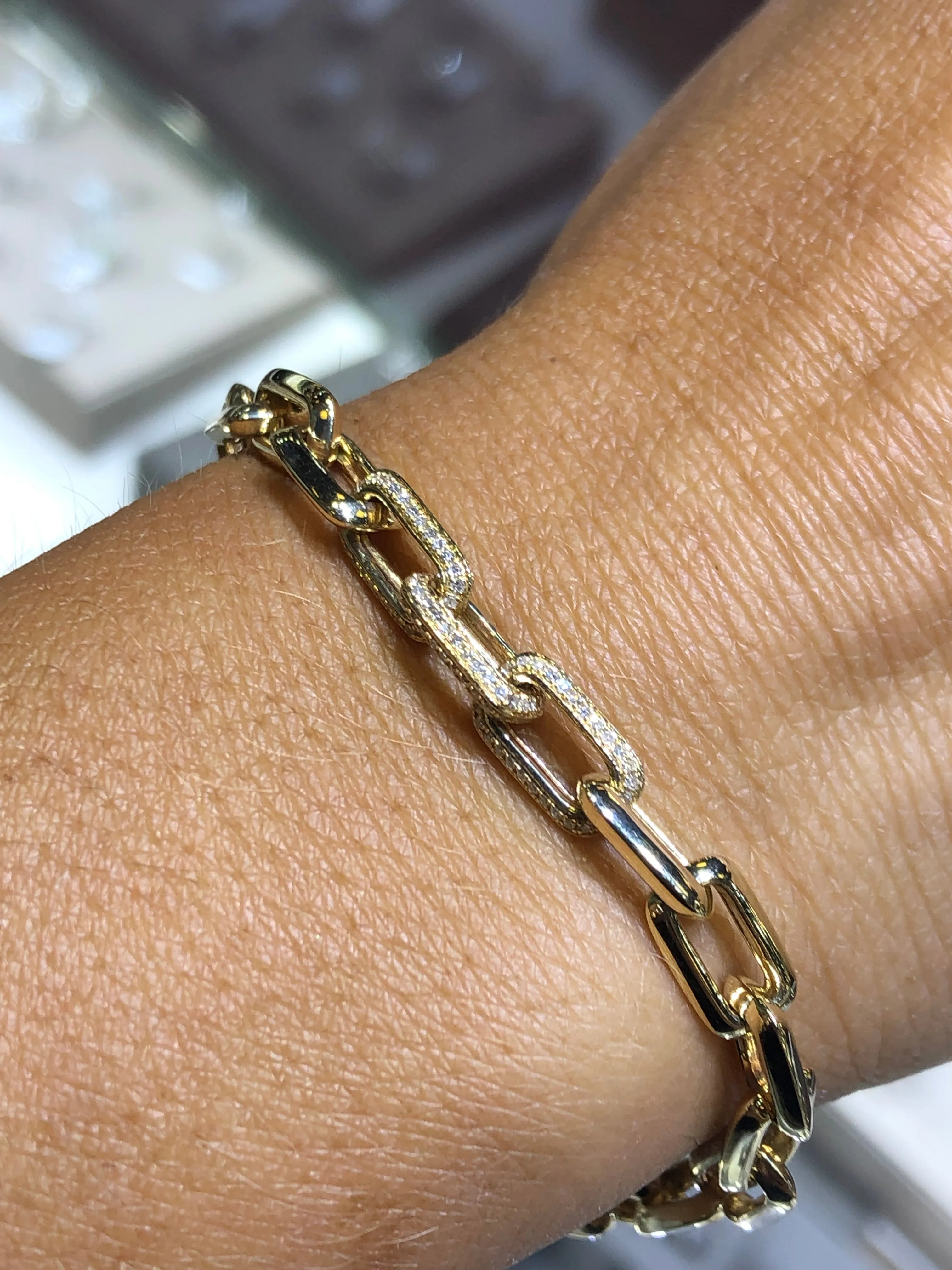 14K Gold Paper Clip Thick Diamond Bracelet