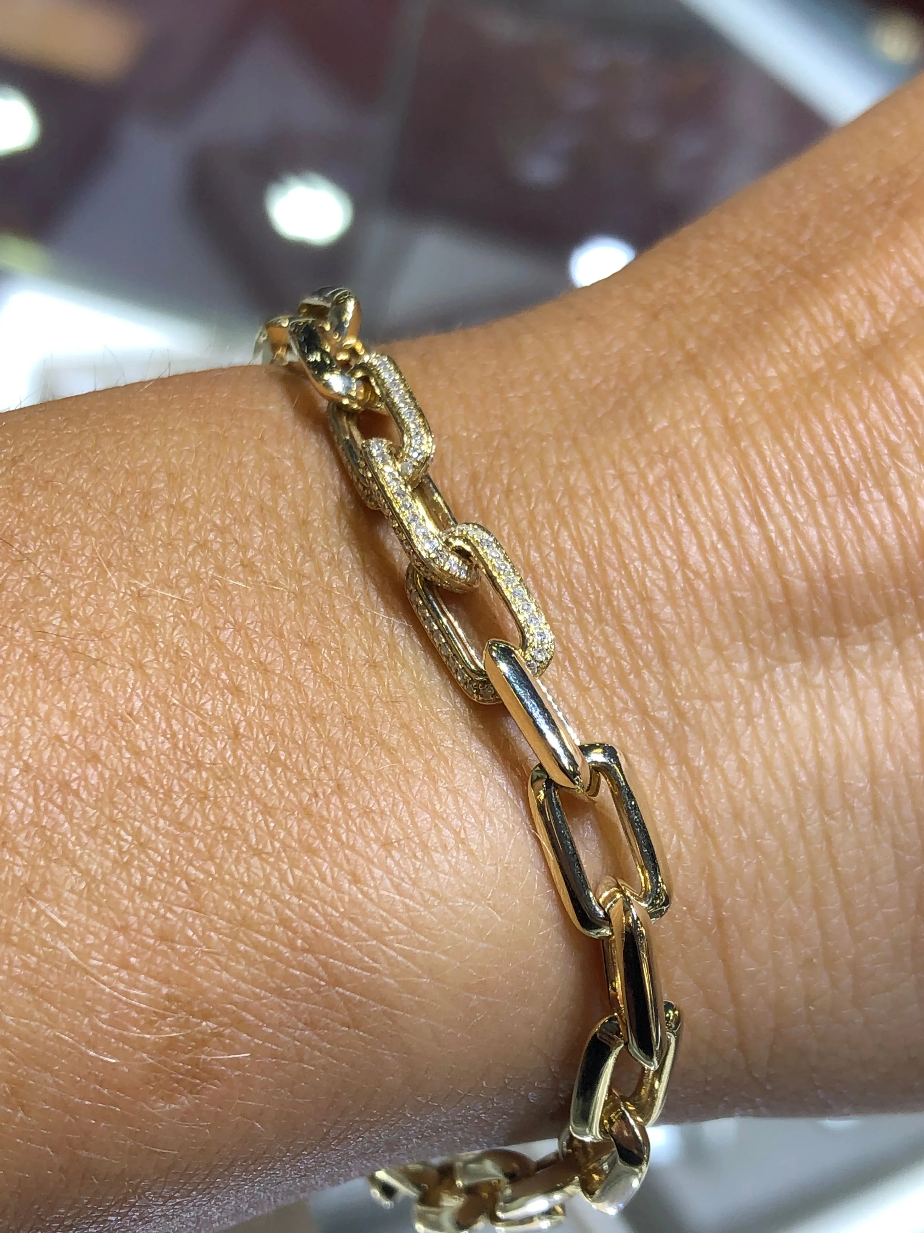 14K Gold Paper Clip Thick Diamond Bracelet