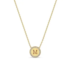 14k Small Engraved Initial & Diamond Halo Disc Necklace