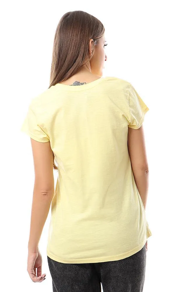 57179 Black Printing Casual Round Yellow Tee