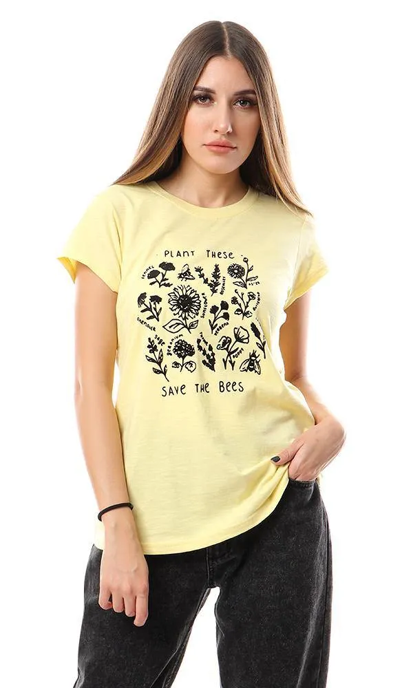 57179 Black Printing Casual Round Yellow Tee