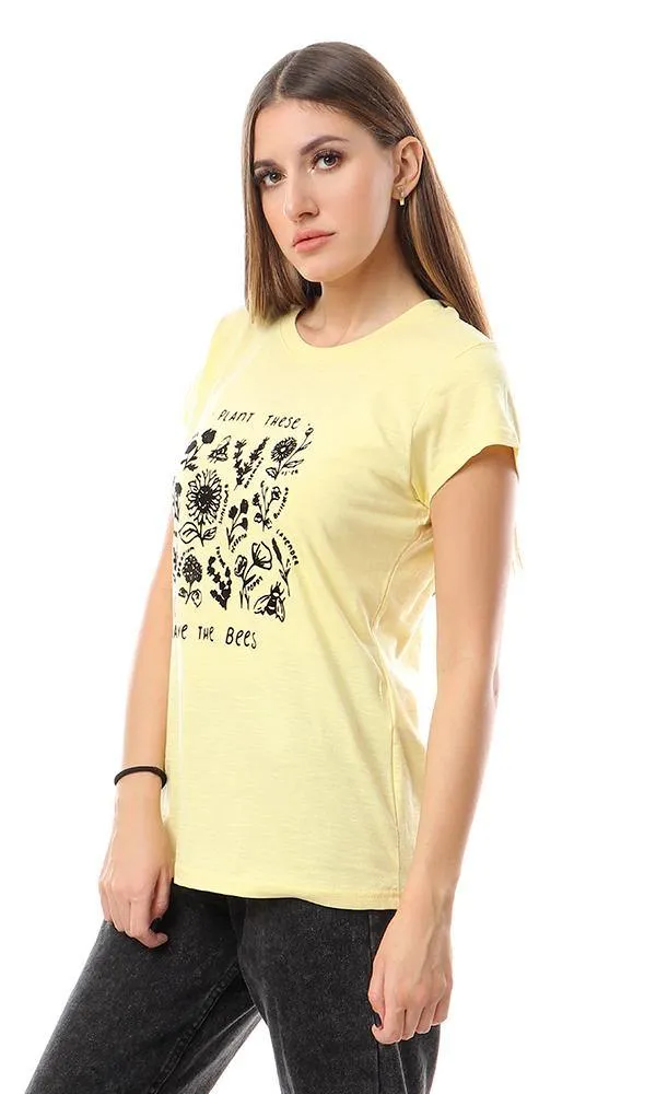 57179 Black Printing Casual Round Yellow Tee