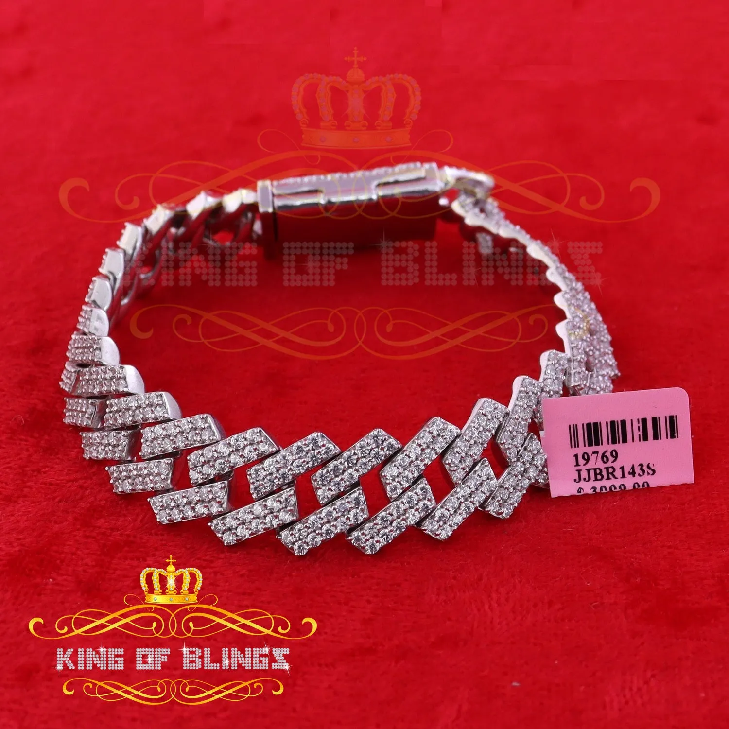 925 Silver 14.52ct Cubic Zircon White Cuban Bracelet Men's SZ 9 inch /16mm Width