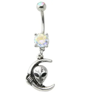 Alien Moon Rainbow Aurora CZ Dangle Stainless Steel Belly Button Ring