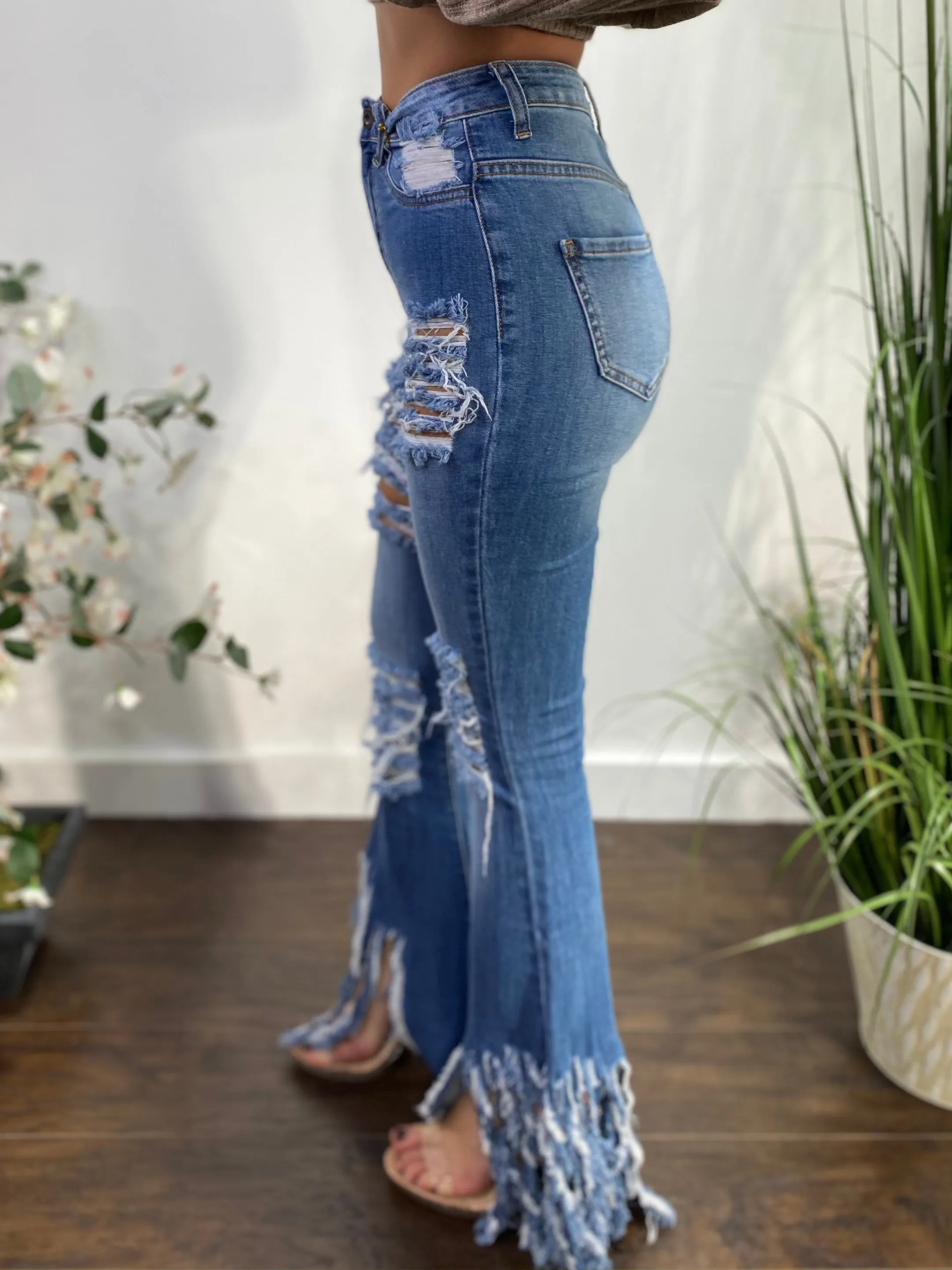 Aphrodite Frayed Flare Jeans (Medium Blue) AP2049F