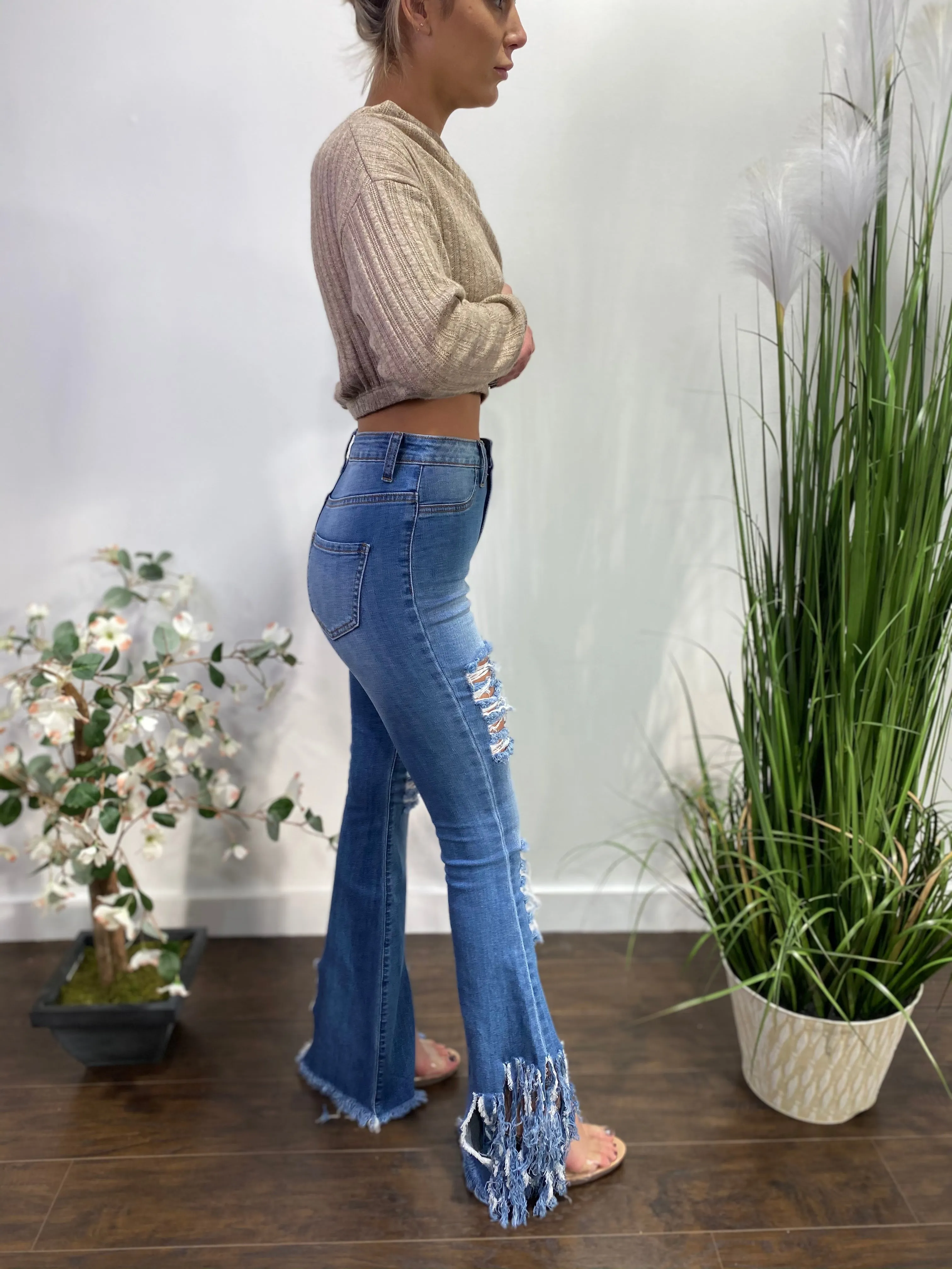 Aphrodite Frayed Flare Jeans (Medium Blue) AP2049F