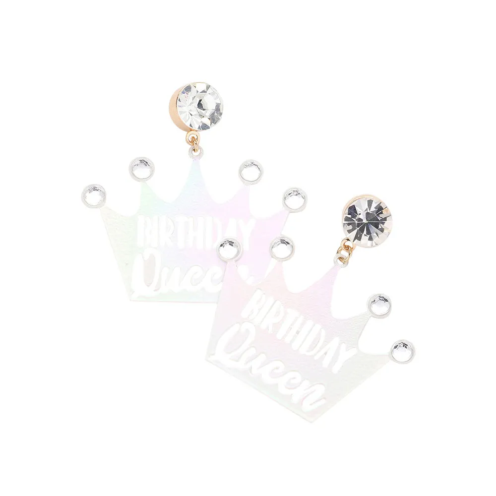 Birthday Queen Message Stone Metal Crown Earrings