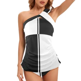 bw striped reverse print Women's One Shoulder Backless Swimsuit (Model S44)