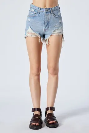 High Rise Destroyed Denim Shorts