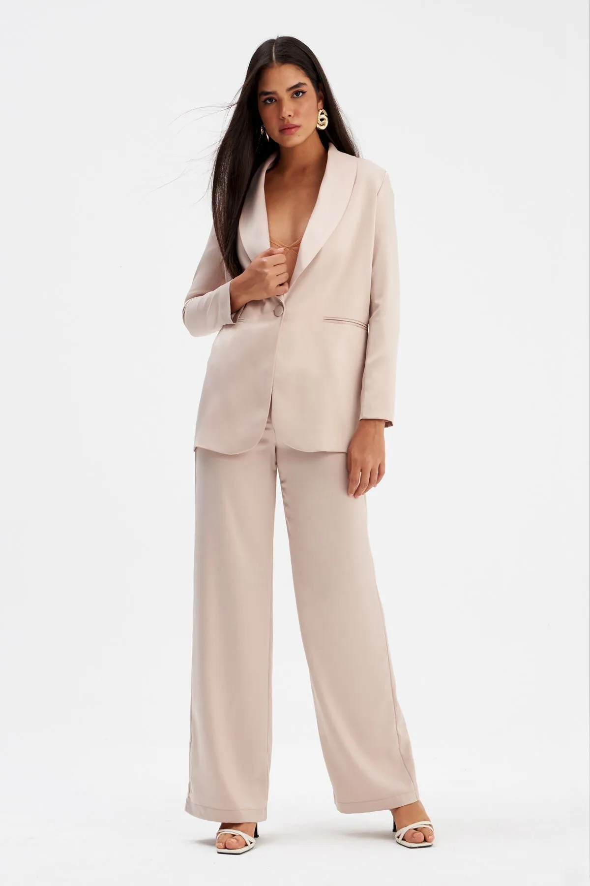 High Waist Satin Trousers - Beige