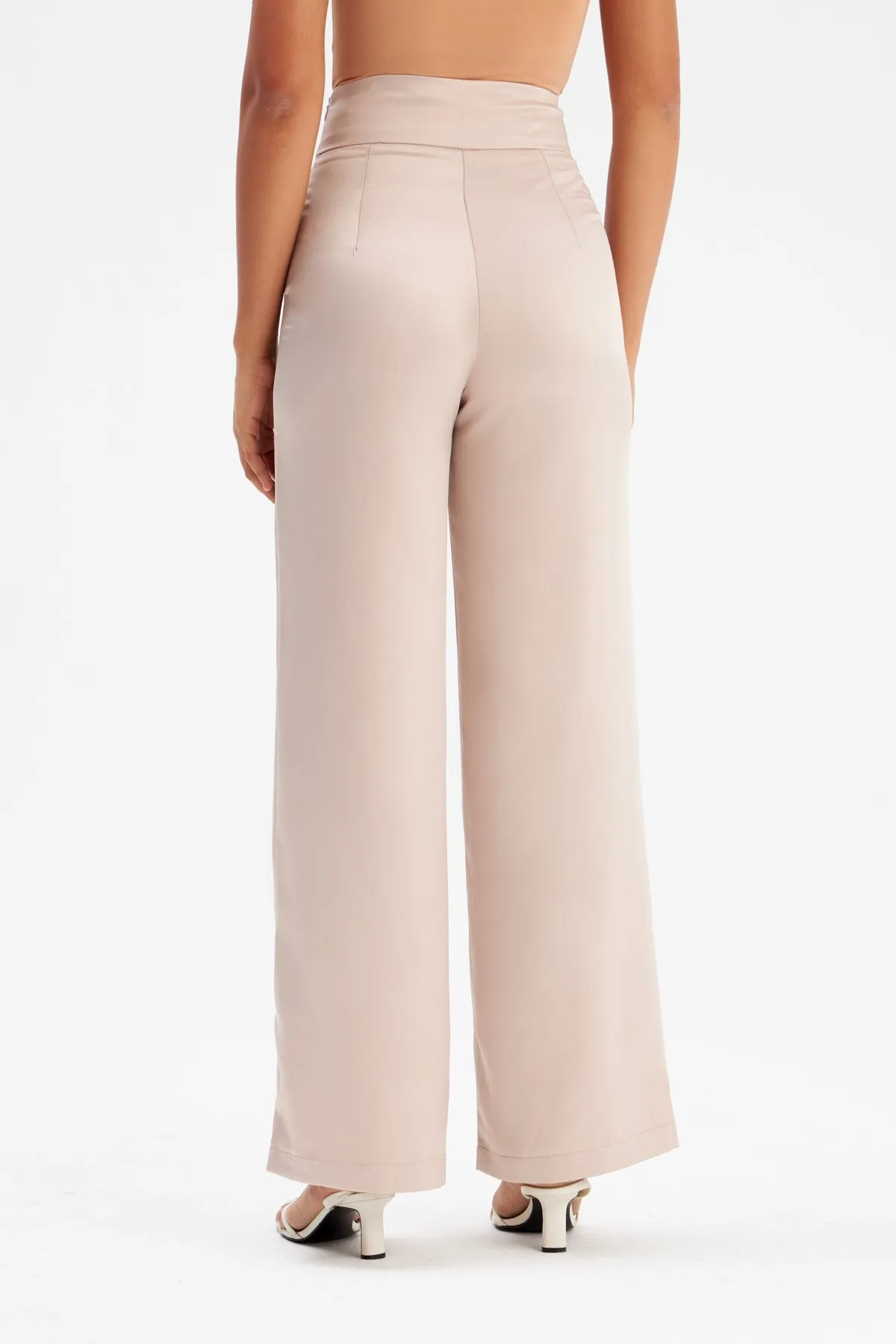 High Waist Satin Trousers - Beige