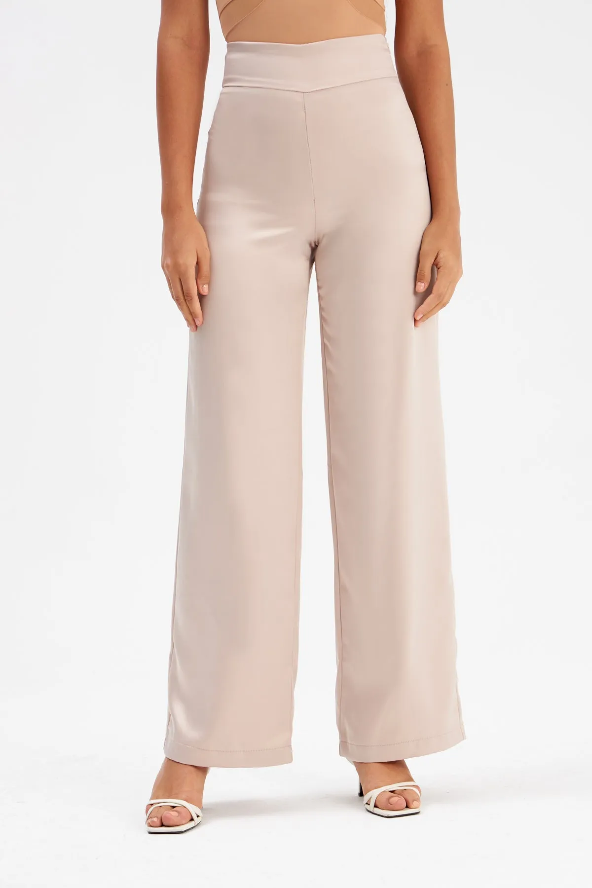 High Waist Satin Trousers - Beige