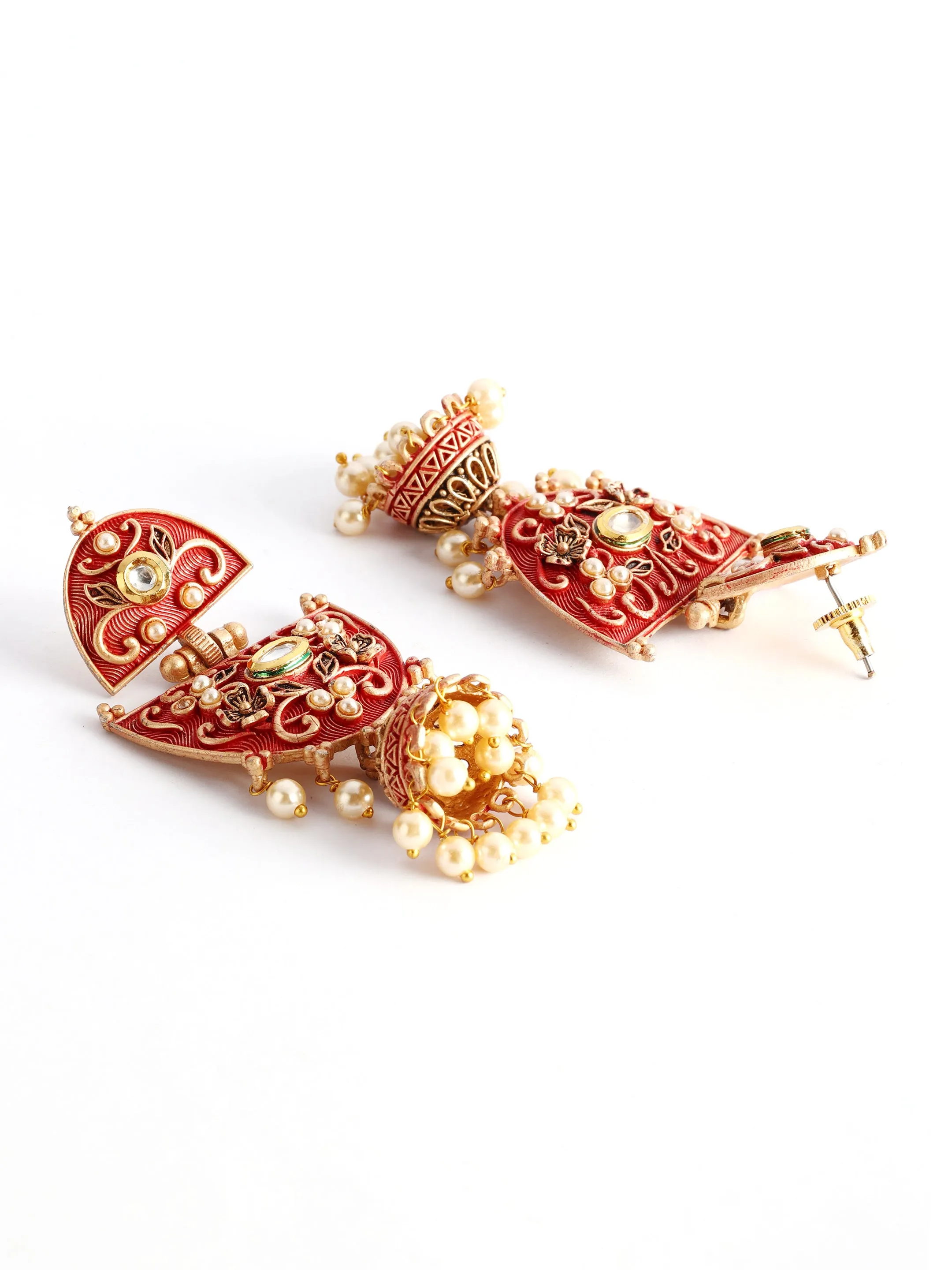 Ishin Gold Toned Red Meenakari Pearl Jhumka