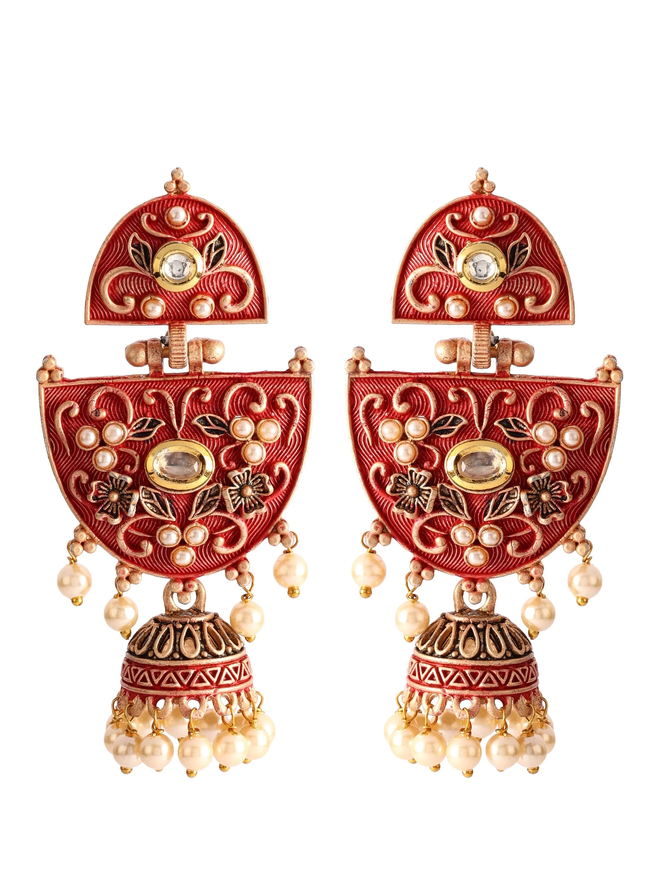 Ishin Gold Toned Red Meenakari Pearl Jhumka