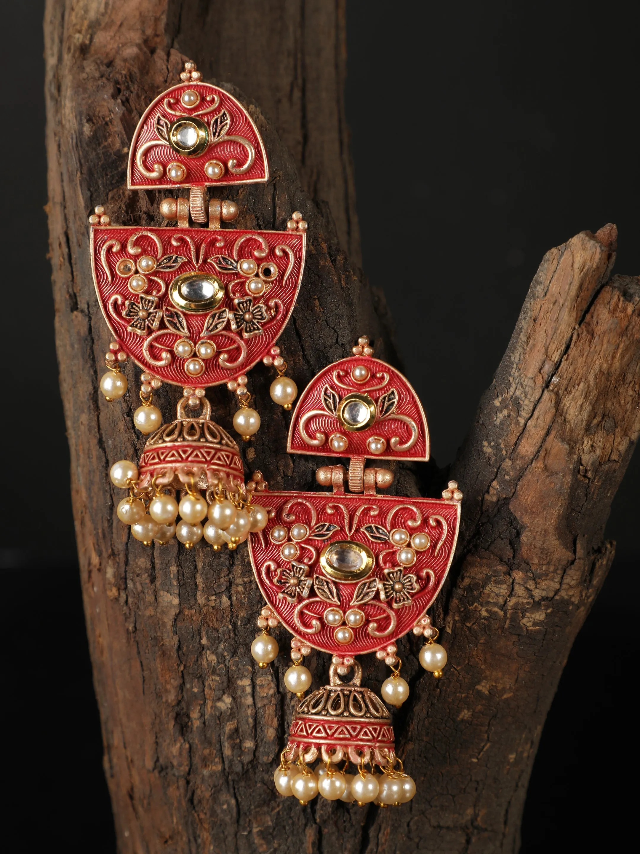 Ishin Gold Toned Red Meenakari Pearl Jhumka