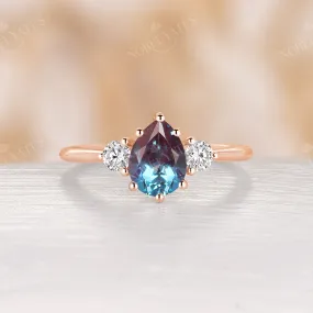 Lab Alexandrite & Moissanite Three Stones Engagement Ring Rose Gold