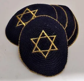 Lot of 5 x Embroidery Black & Gold Magen David Kippahs Hand Made From Jerusalem.