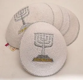 Lot of 5 x Embroidery Menorah Kippahs Hand Made From Jerusalem.