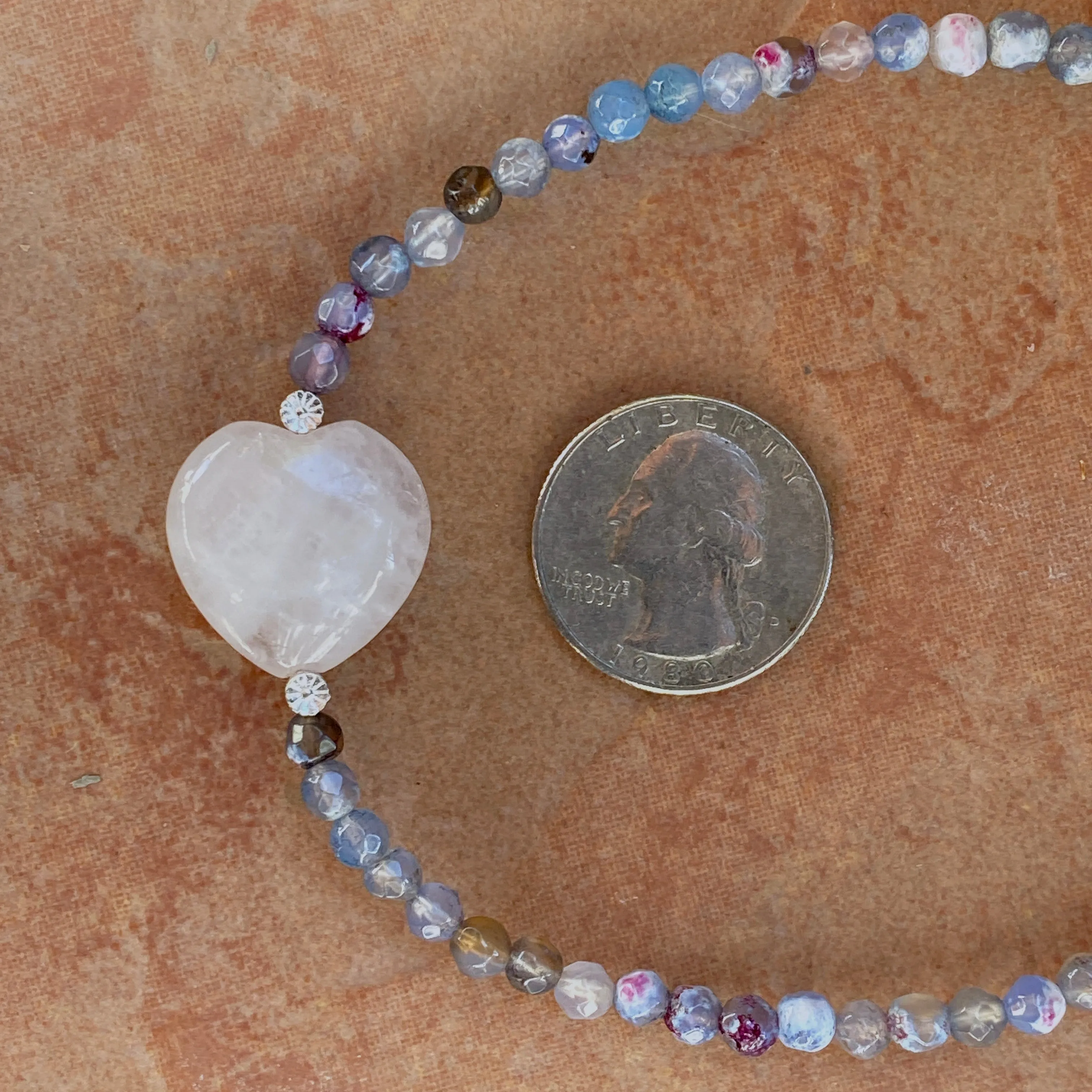 Mixed Agates, Rose Quartz heart, and Sterling Silver Flowers Necklace