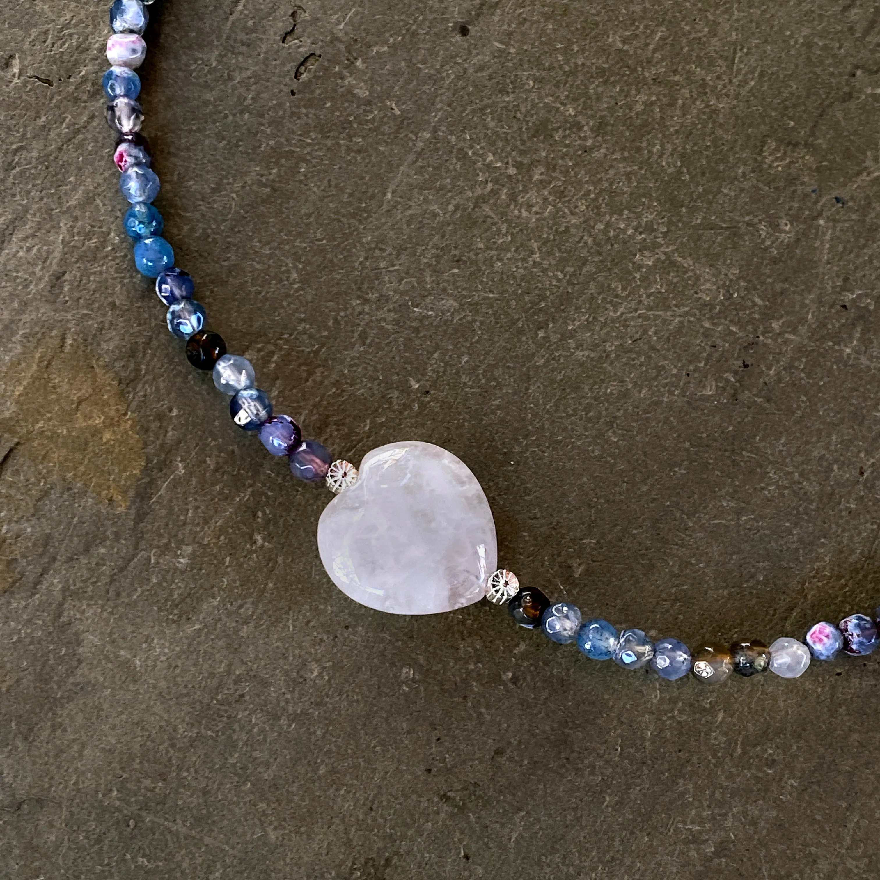 Mixed Agates, Rose Quartz heart, and Sterling Silver Flowers Necklace