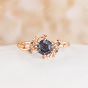 Nature Leaf Style Hexagon Lab Alexandrite Engagement Ring