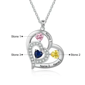 Personalized 3 Names And Birthstones Engraved Heart-Shaped Pendant