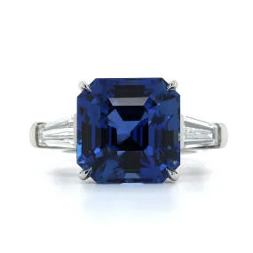 Platinum Octagonal Cut Sapphire and Diamond 3 Stone Ring