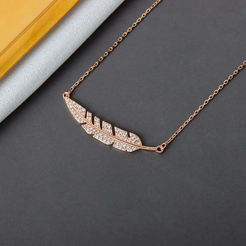 Sterling Silver Full CZ Diamond Feather Necklace