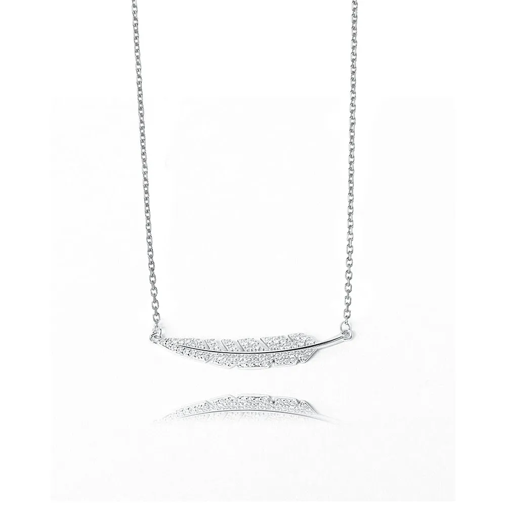 Sterling Silver Full CZ Diamond Feather Necklace