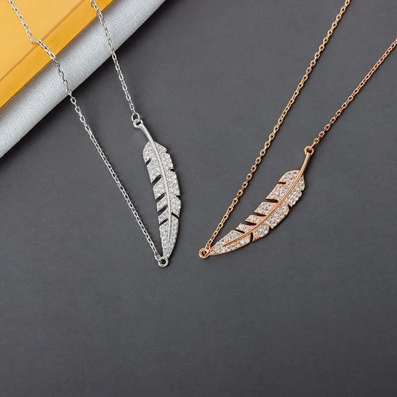 Sterling Silver Full CZ Diamond Feather Necklace