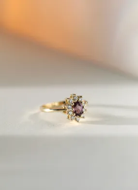 Yoki diamond rhodolite entourage ring 14k gold